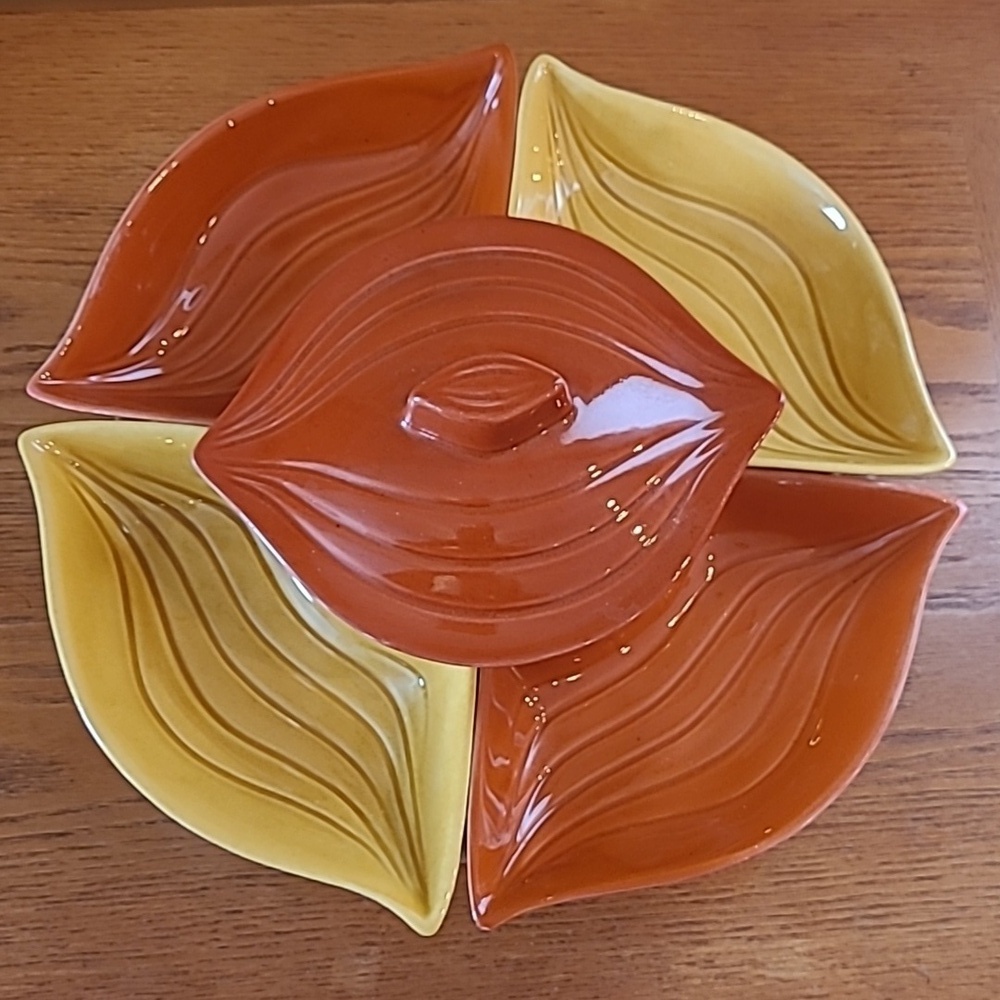 CALIFORNIA POTTERY Vintage MCM Yellow & Burnt Orange Lazy Susan Serving Set - Picture 4 of 17